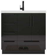 Carla 36" Freestanding Bathroom Vanity With Left Side Drawers, Gloss Black