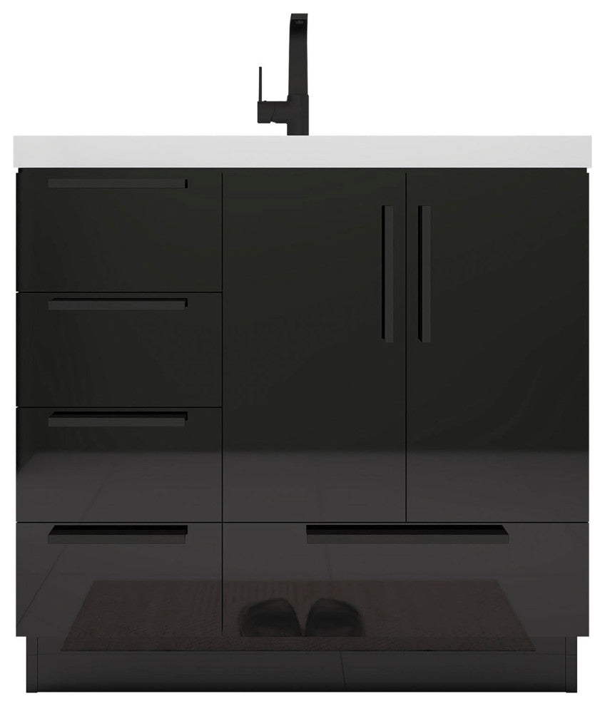 Carla 36" Freestanding Bathroom Vanity With Left Side Drawers, Gloss Black