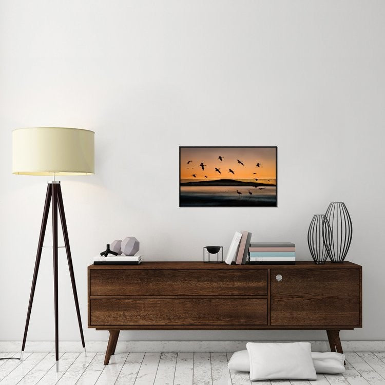 "Fly-In At Sunset" Framed Canvas Giclee by Shenshen Dou, 31x19"
