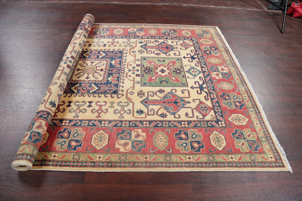 Kazak Oriental Traditional Area Rug Handmade Pakistani, Beige, 8'10"x6'0