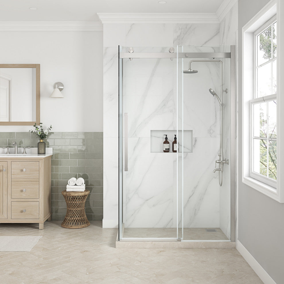 Bel Soft-Close Satin Nickel 48" Frameless Sliding Soft Close Shower Door