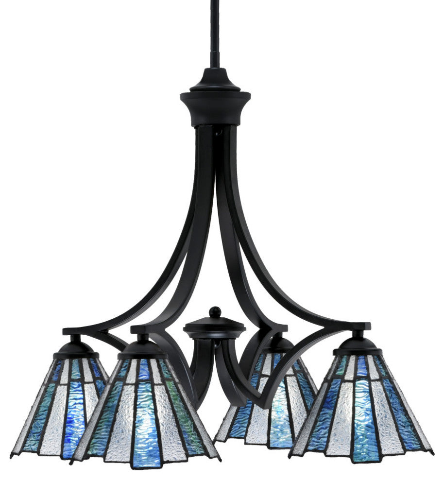 Zilo Downlight, 4 Light, Chandelier, Matte Black Finish, 7" Sea Ice Art Glass