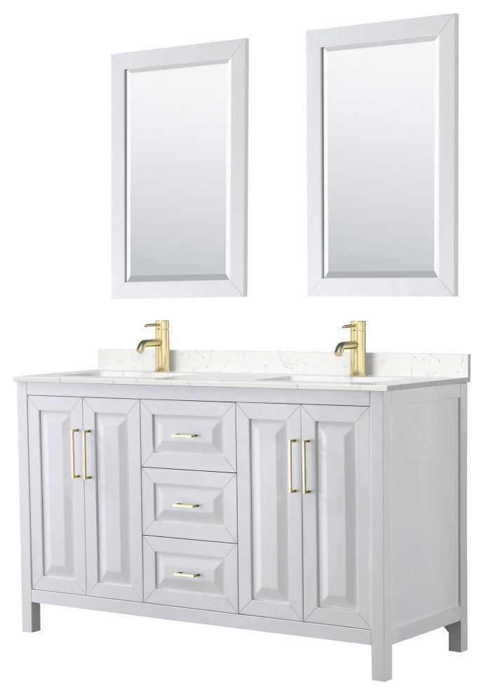 60"DBL Vanity White, Light-Vein Carrara Cult. Top, Sinks, 24"Mirrors, Gold Trim
