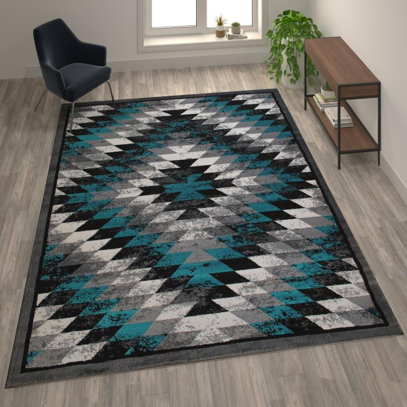 Teagan Collection Southwestern Area Rug - Olefin Rug with Jute Backing, Turquoise, 8' X 10'