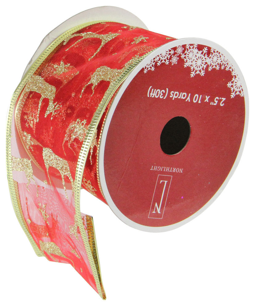 Red and Gold Reindeer Wired Christmas Craft Ribbon