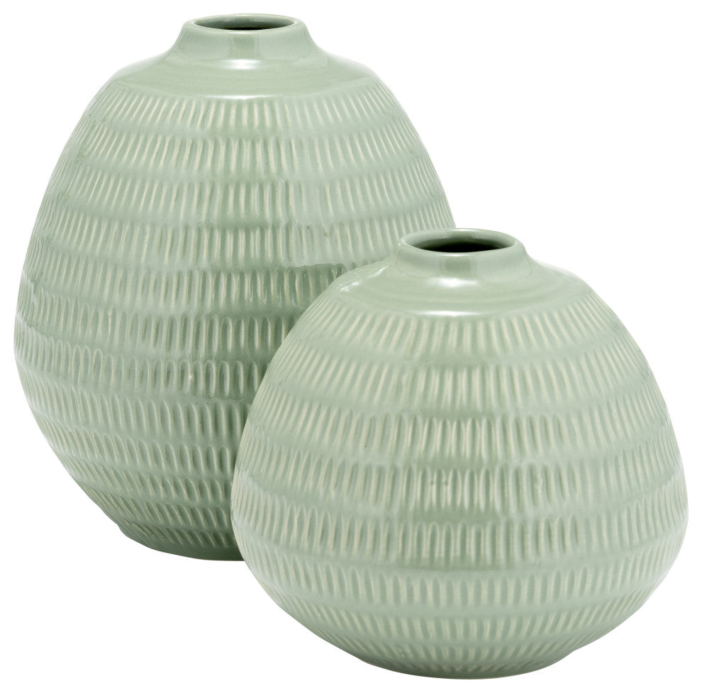 Ceramic 7", Stripe Oval Vase, Dark Sage