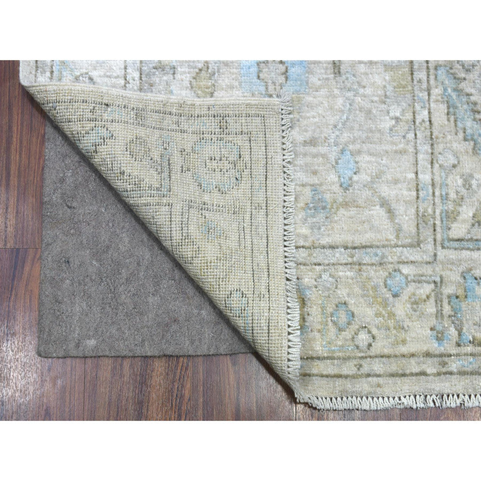 Hand Knotted Angora Oushak Afghan Runner, Serrated Leaf Border Rug, 2'6"x19'9"