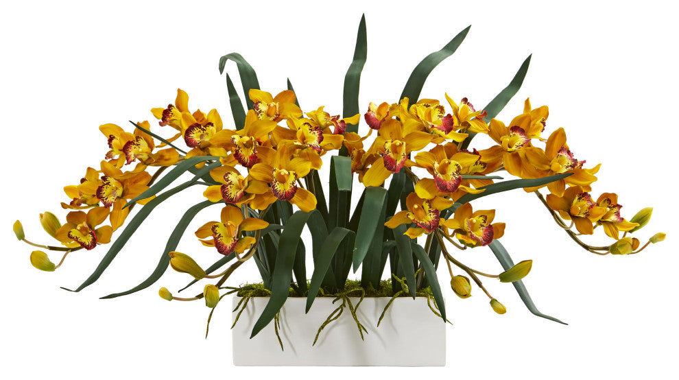 Cymbidium Artificial Arrangement, White Vase, Yellow