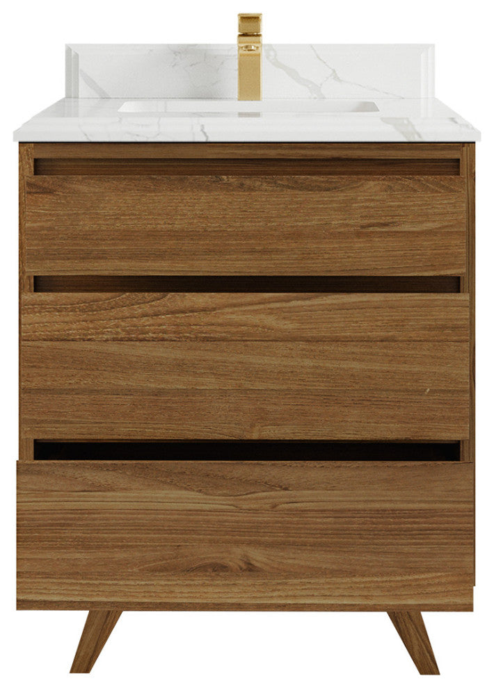 Madison Teak 30 Single Sink Bath Vanity in Dark Natural 1.5" Calacatta Laza