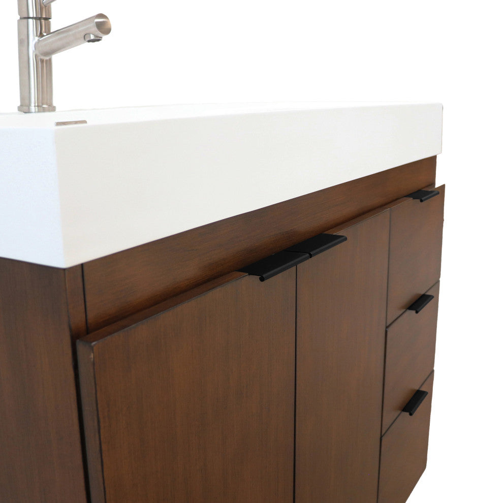 39" Single Sink Vanity, Walnut With White Composite Granite Top