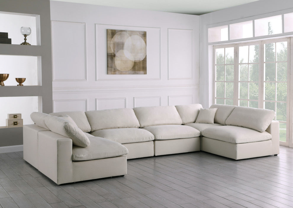 Plush Velvet / Down Standard Comfort 6-Piece U-Shaped Modular Sectional, Cream