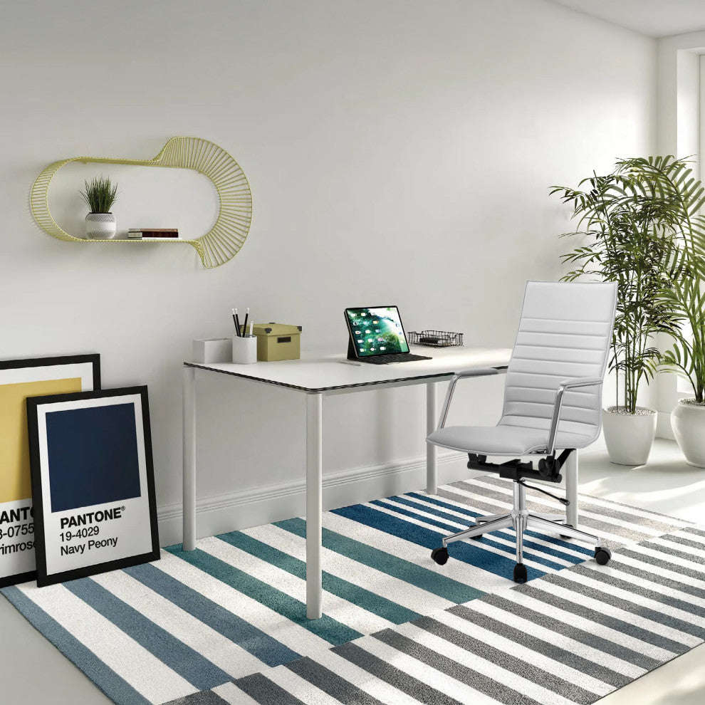 High Back Office Desk Chair, Ribbed PU Leather Computer Armchair, White