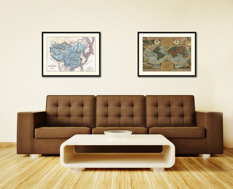 China, Japan, Korea Vintage Map Print On Canvas With Picture Frame, 28" X 37"