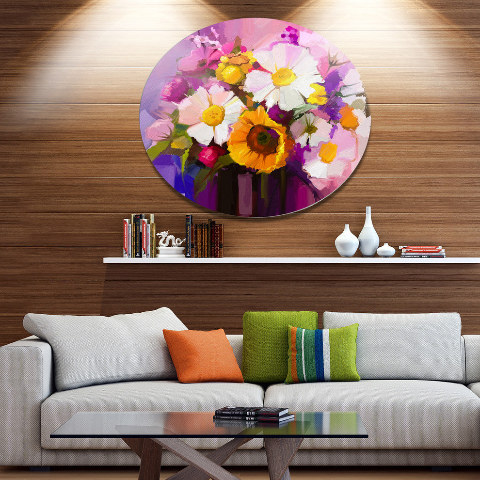 Bunch Of White Red Yellow Flowers, Floral Large Disc Metal Artwork, 11"
