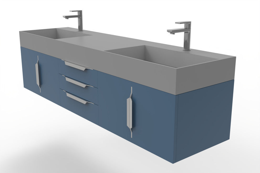 CastelloUSA Amazon 72" Wall Mounted Vanity Set, Blue, Gray Top, Chrome Handles