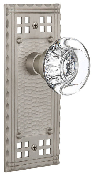 Double Craftsman Plate With Round Clear Crystal Knob, Satin Nickel