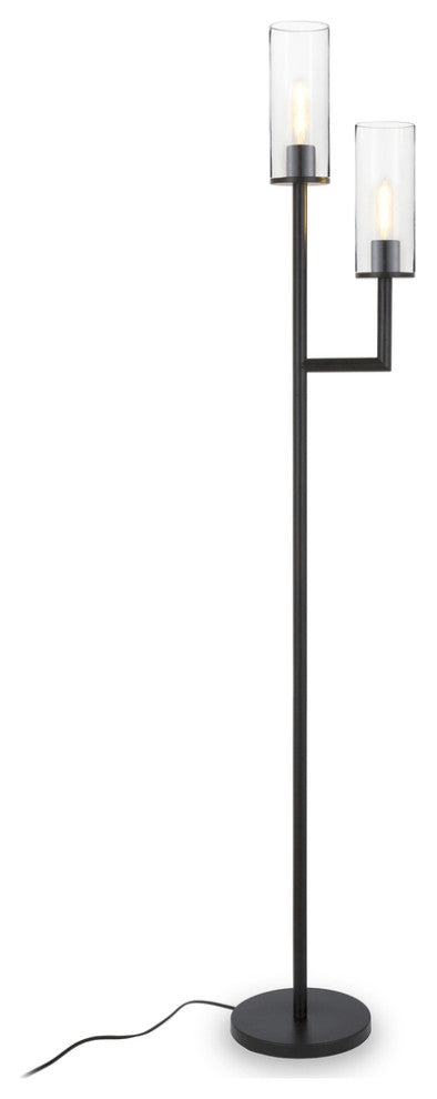 69" Black Two Light Torchiere Floor Lamp With Clear Transparent Glass Drum Shade