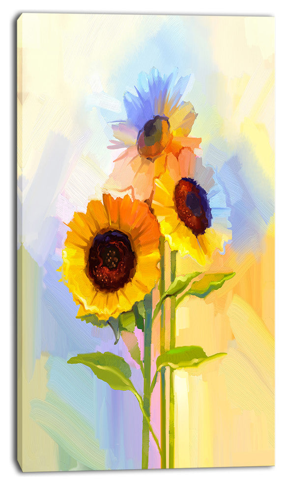 Yellow Sunflowers with Green Leaves, Floral Canvas Art Print, 16"x32"