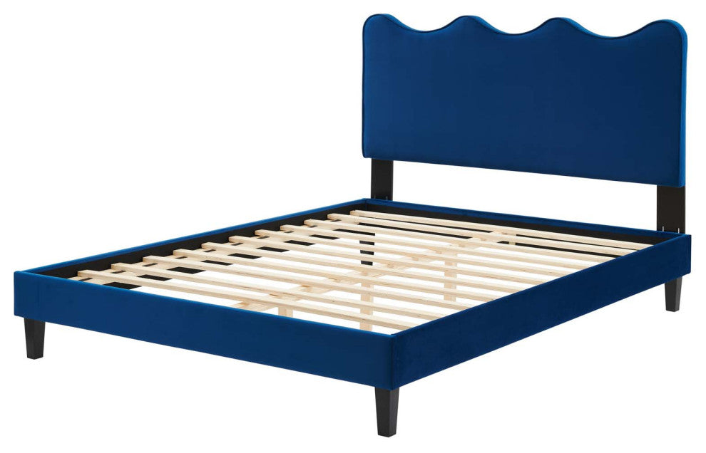 Platform Bed Frame, King Size, Blue Navy, Velvet, Modern, Bedroom Guest Suite