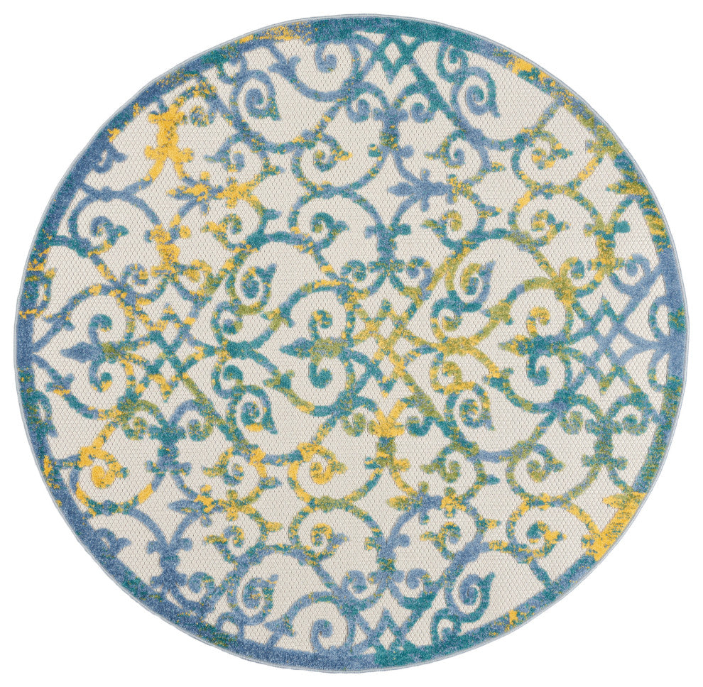 Nourison Aloha 4' x Round Ivory Blue Contemporary Area Rug