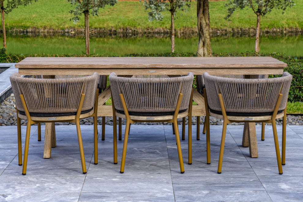 Santino + Melina 7-Piece Outdoor Dining Set, 6 Rope-Back Chairs, Milk/Coffee