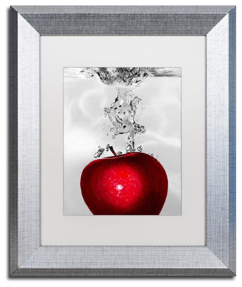 'Red Apple Splash' Silver Framed Canvas Art by Roderick Stevens