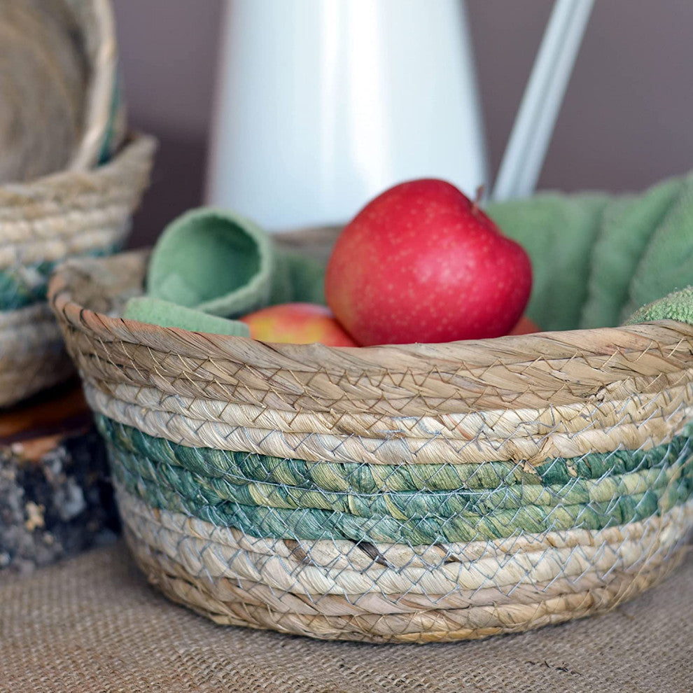 3 Piece Green and Natural Striped Baskets Set