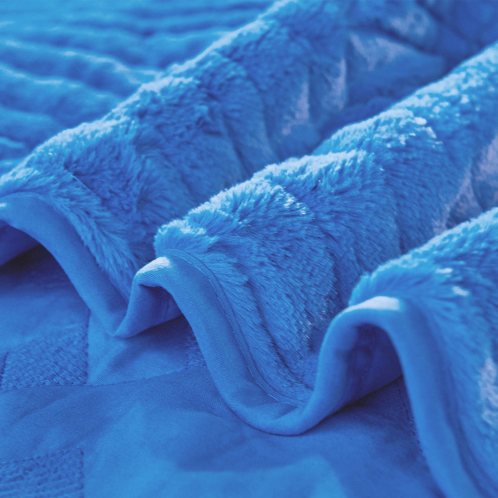 Tatami Quilted Faux Fur Bedspread Set, Palace Blue, Queen