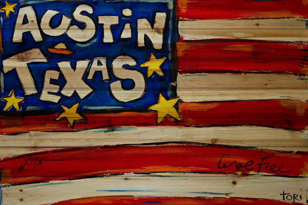 "Austin Flag" Print on Natural Pine Wood by Tori Campisi Painting
