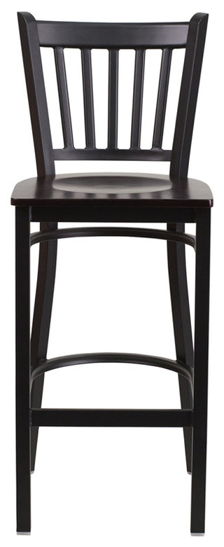 Black Vertical Back Metal Restaurant Barstool, Walnut Wood Seat