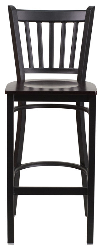 Black Vertical Back Metal Restaurant Barstool, Walnut Wood Seat