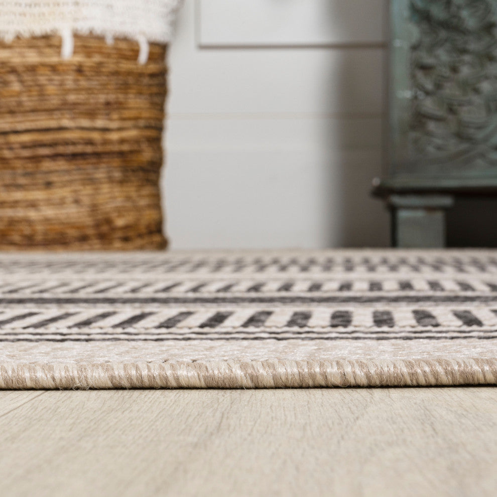 Haynes Modern Double Stripe Indoor/Outdoor Area Rug, Black/Beige, 3x5