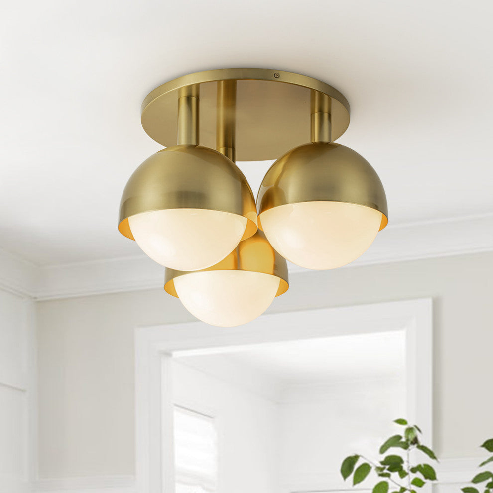 3-Light Opal Cluster Globe Semi Flush Ceiling Light, Brass