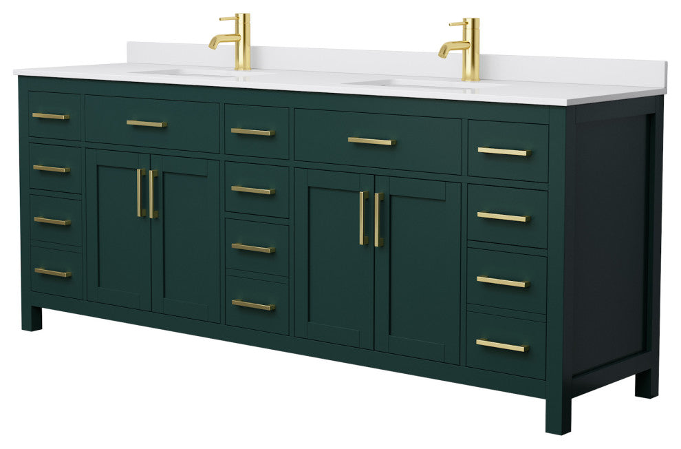 84"DBL Bathroom Vanity, Green, White Cult. Marble Countertop, Sinks, Gold Trim