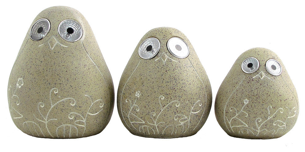 Set of 3 Solar Rock Birds With Floral Etching, Antique Beige