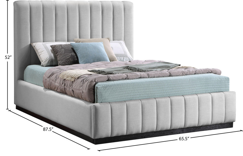 Lucia Beige Linen Textured Fabric Full Bed, Gray, Queen, Black Finish