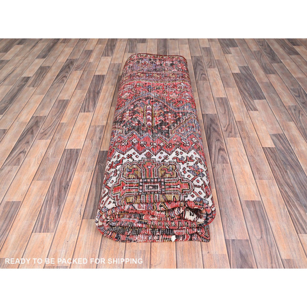 Fire Brick Red Pure Wool Hand Knotted Semi Antique Persian Heriz Rug 10'x13'2"