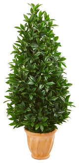4.5' Bay Leaf Cone Topiary Faux Tree in Terra Cotta Planter, Indoor/Outdoor