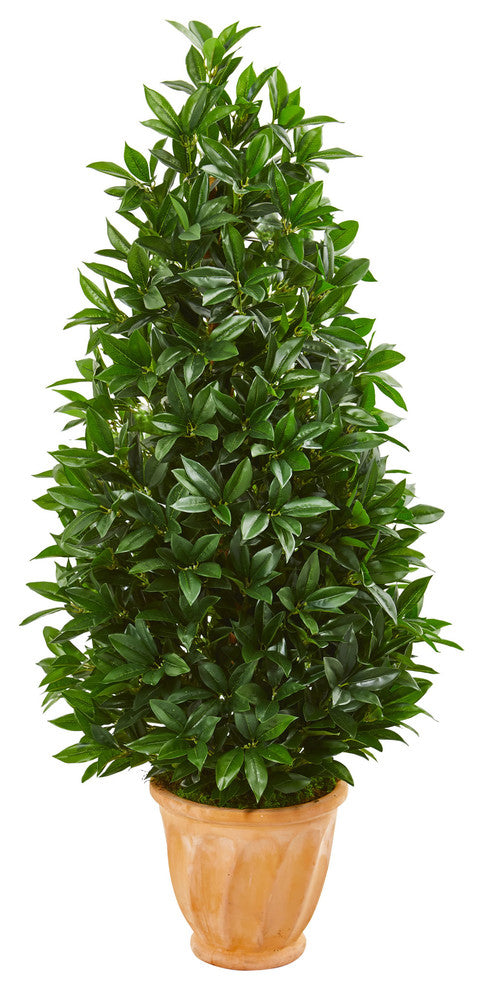 4.5' Bay Leaf Cone Topiary Faux Tree in Terra Cotta Planter, Indoor/Outdoor