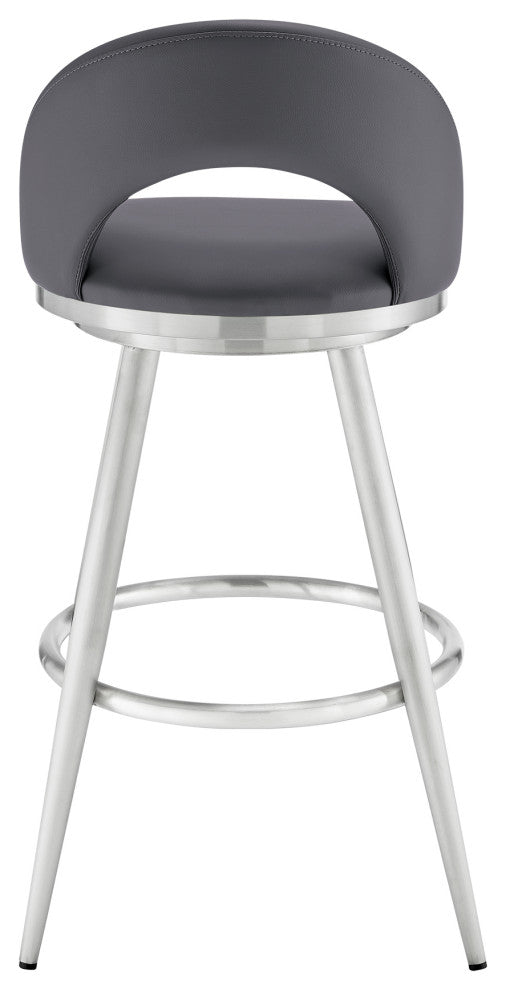 Lottech Swivel Bar Stool, Brushed Stainless Steel With Faux Leather, Gray