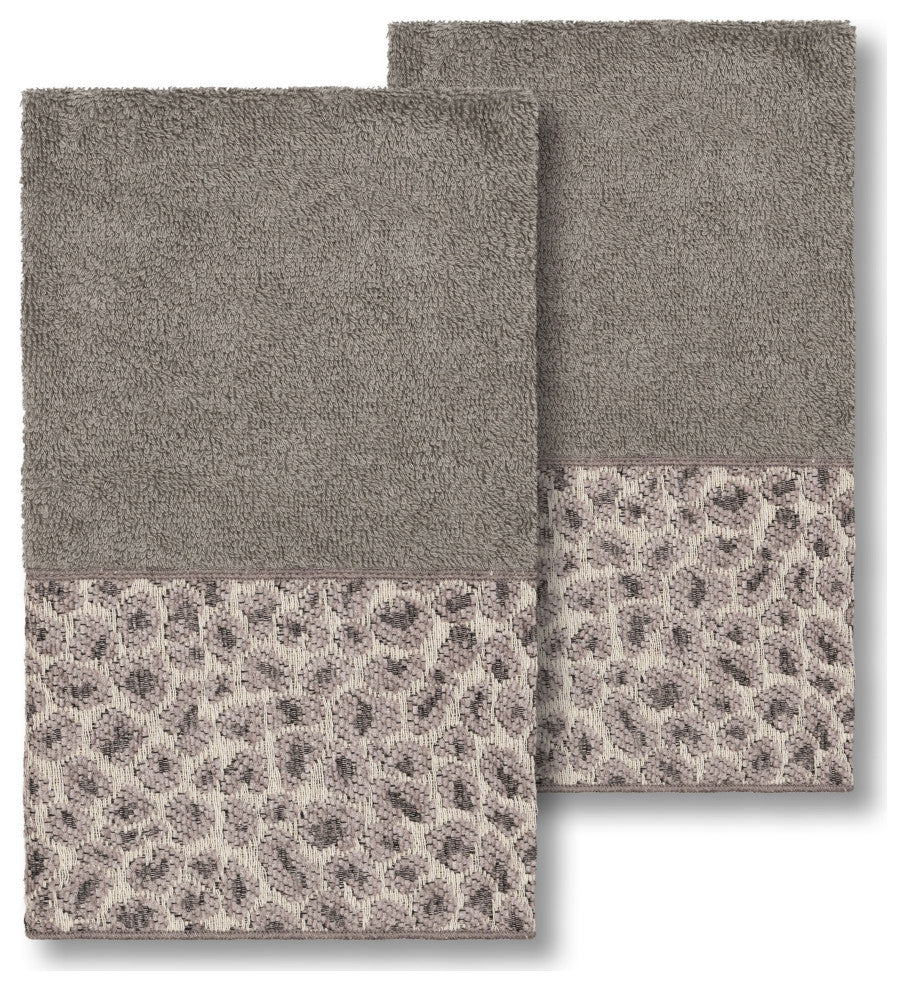 Linum Home Turkish Cotton Spots 2-Piece Embellished Hand Towel Set, Dark Gray