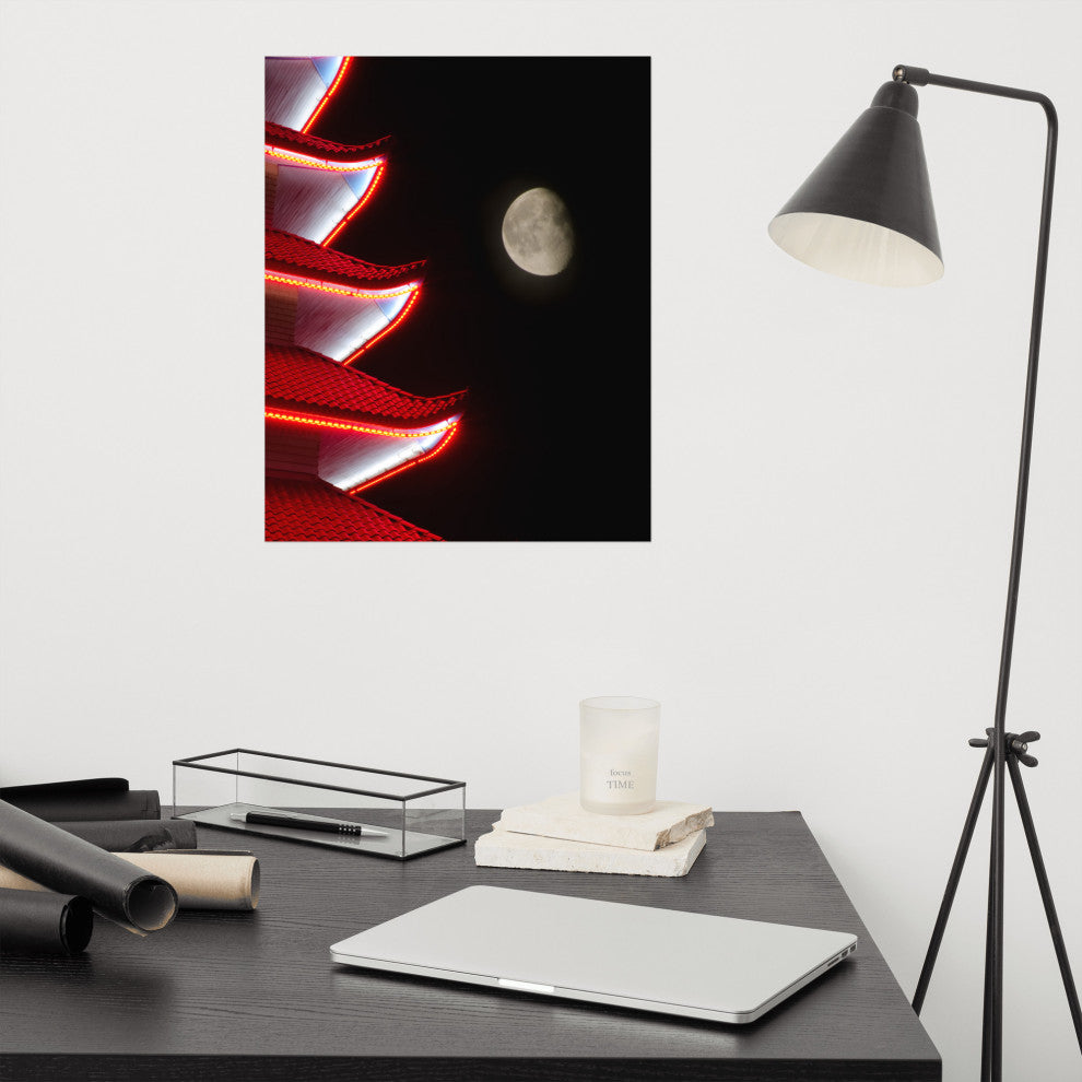Moon Over Pagoda 1 Night Urban Photograph Unframed Wall Art Print, 16" X 20"