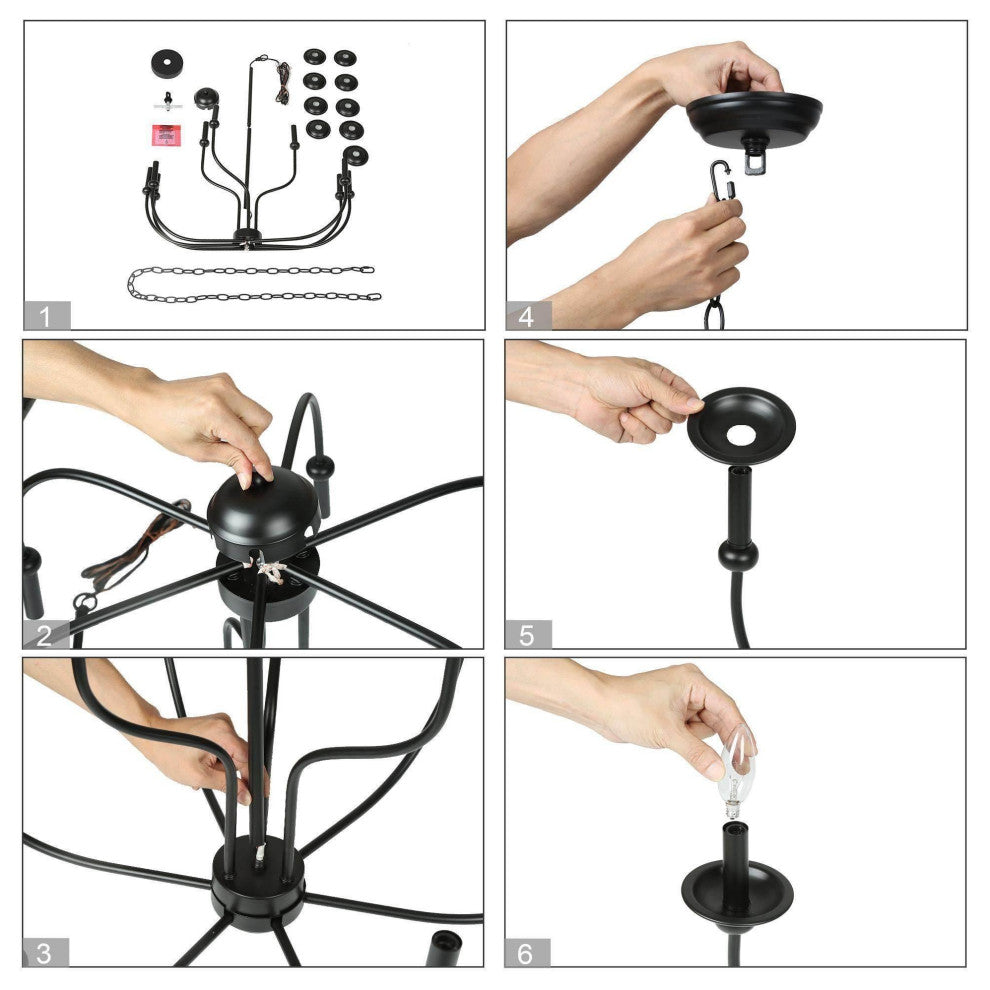 LNC 2-Tier Matte Black Farmhouse Candle-Style Chandelier, 9 Lights