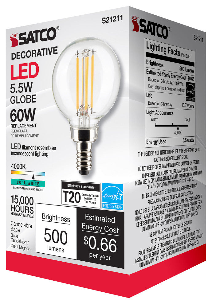 5.5W G16.5 LED, Clear, Candelabra Base, 90 CRI, 4000K, 120V