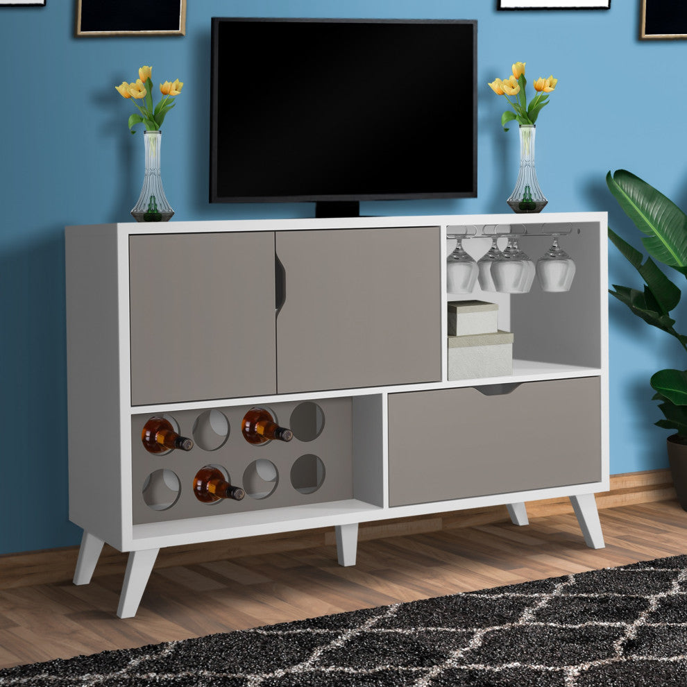 54 Inch 2 Door Wooden TV Stand with Wine Rack and 1 Drawer, White and Gray