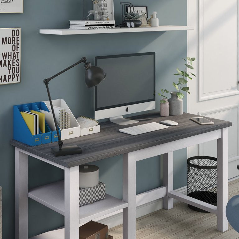 Farmhouse Desk, Wooden Legs With Rectangular Top & Open Comparments, White/Oak