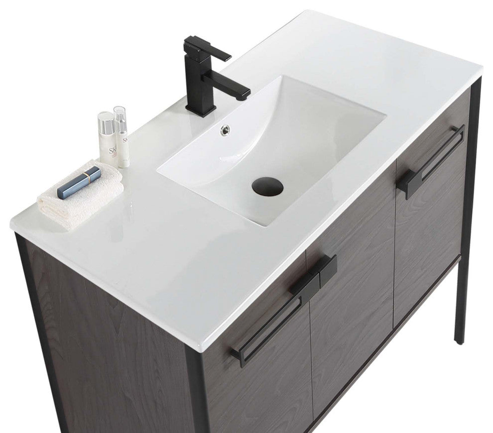 Oakville Bath Vanity, Ceramic Sink, Black Coal Oak, 42 Inch, Black Hardware