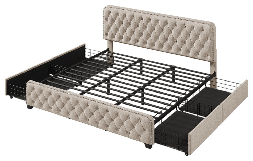 Metal Platform Bed with Headboard, Upholstered and 4-Drawer, Beige, 84.6" X 79.5"