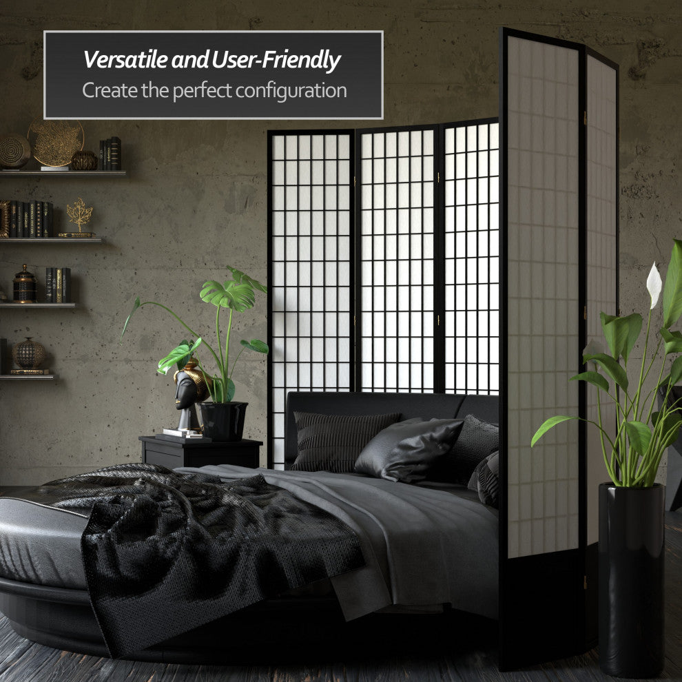 7' Tall Window Pane Shoji Screen, Black, 4 Panels