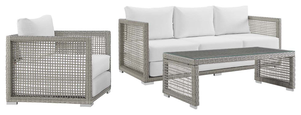 Aura 3 Piece Outdoor Patio Wicker Rattan Set Gray White
